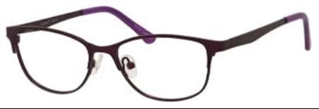 A pair of glasses with purple frames on top.