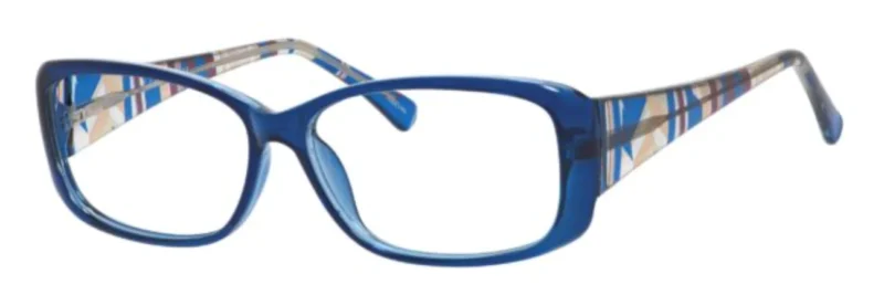 A pair of blue glasses with a white stripe on the side.