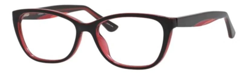 A pair of glasses is shown with red frames.