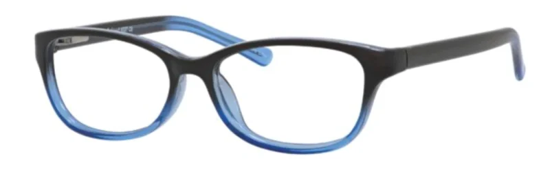 A pair of glasses is shown with blue frames.