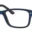 A pair of blue glasses with black rims.