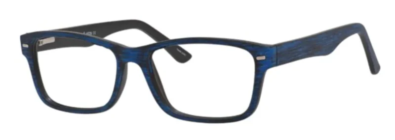 A pair of blue glasses with black rims.