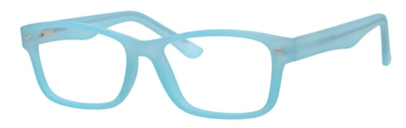 A pair of blue glasses is shown.