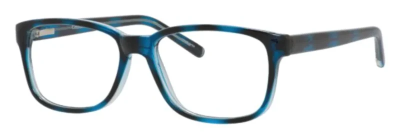 A pair of glasses is shown with blue frames.