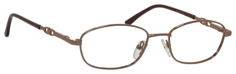 A pair of glasses with brown frames and a brown tip.