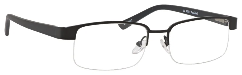 A pair of glasses with black frames and clear lenses.