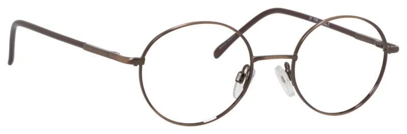 A pair of glasses with brown frames and a metal rim.