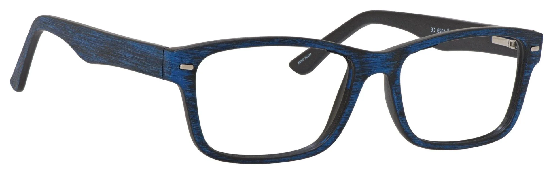 A pair of blue glasses with black frames.