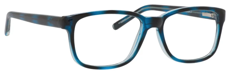 A pair of blue glasses with black frames.