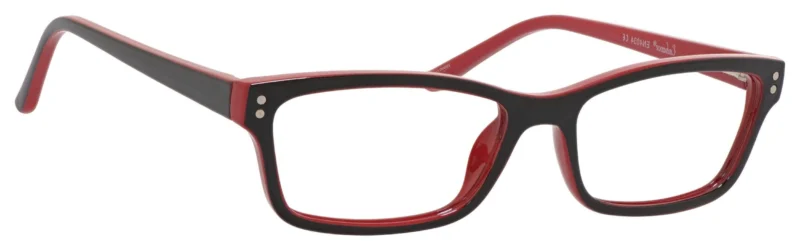 A pair of glasses is shown with red frames.