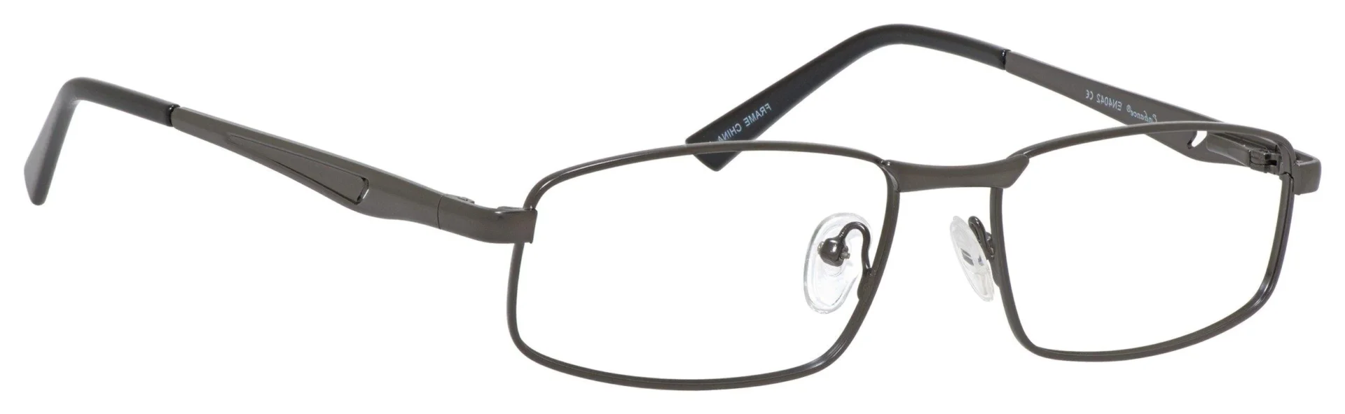 A pair of glasses with a black frame and clear lens.