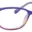 A pair of glasses is shown with purple frames.