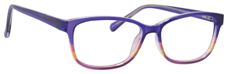 A pair of glasses is shown with purple frames.