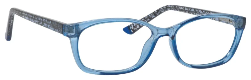 A pair of blue glasses with black and white pattern on the side.