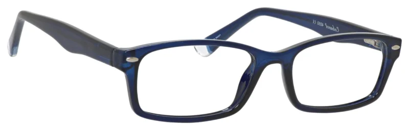 A pair of blue glasses with black frames.