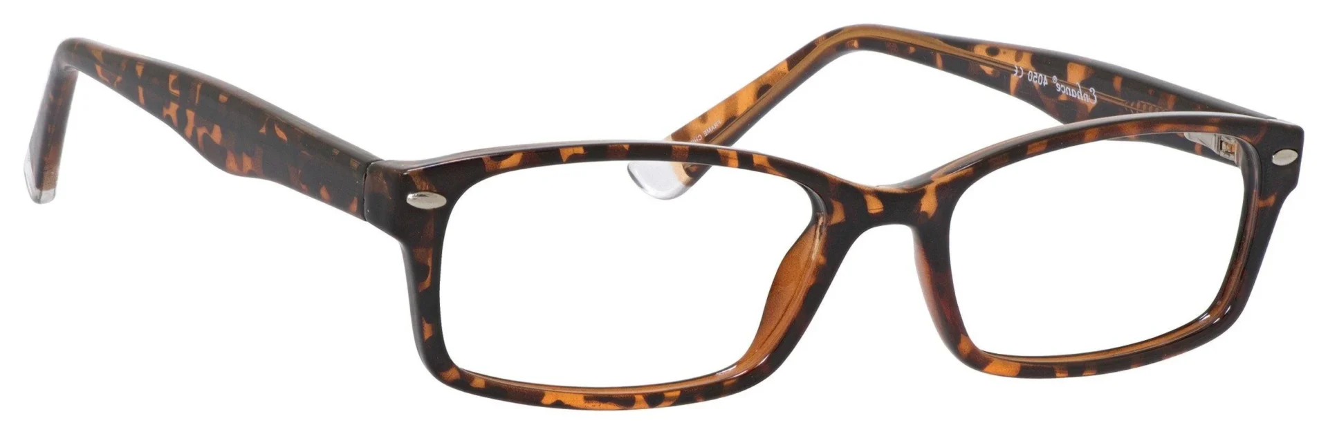 A pair of glasses is shown with the lens missing.