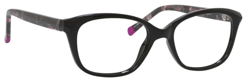 A pair of glasses is shown with pink accents.