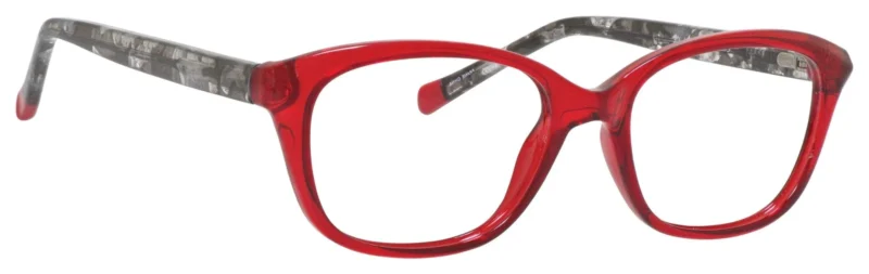 A pair of red glasses with black tips.