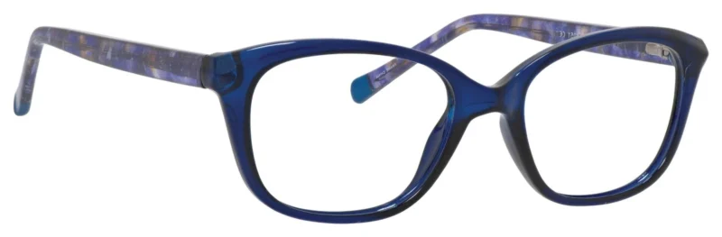 A pair of blue glasses with a purple stripe on the side.