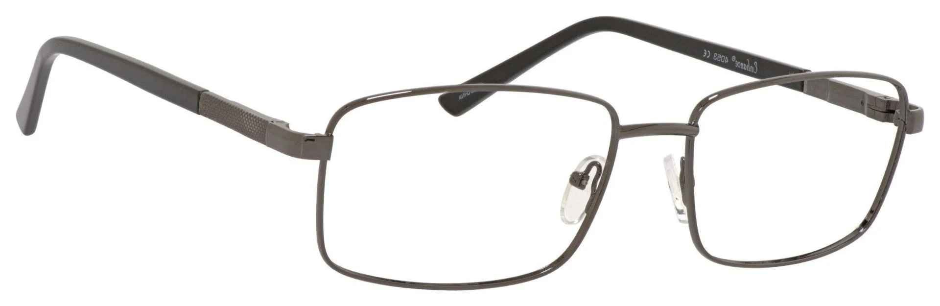 A pair of glasses is shown with black rims.