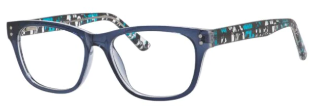 A pair of glasses is shown with different colored frames.