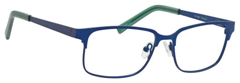 A pair of blue glasses with green temples.