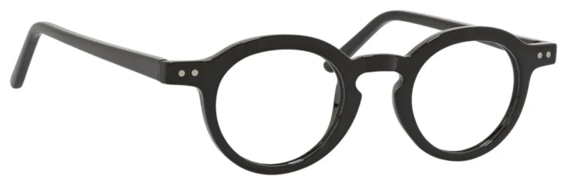 A pair of glasses with black frames and a round lens.