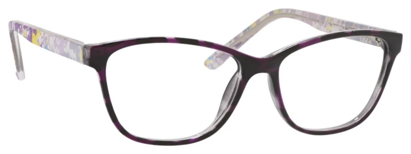 A pair of glasses is shown with purple frames.