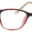 A pair of glasses is shown with pink frames.