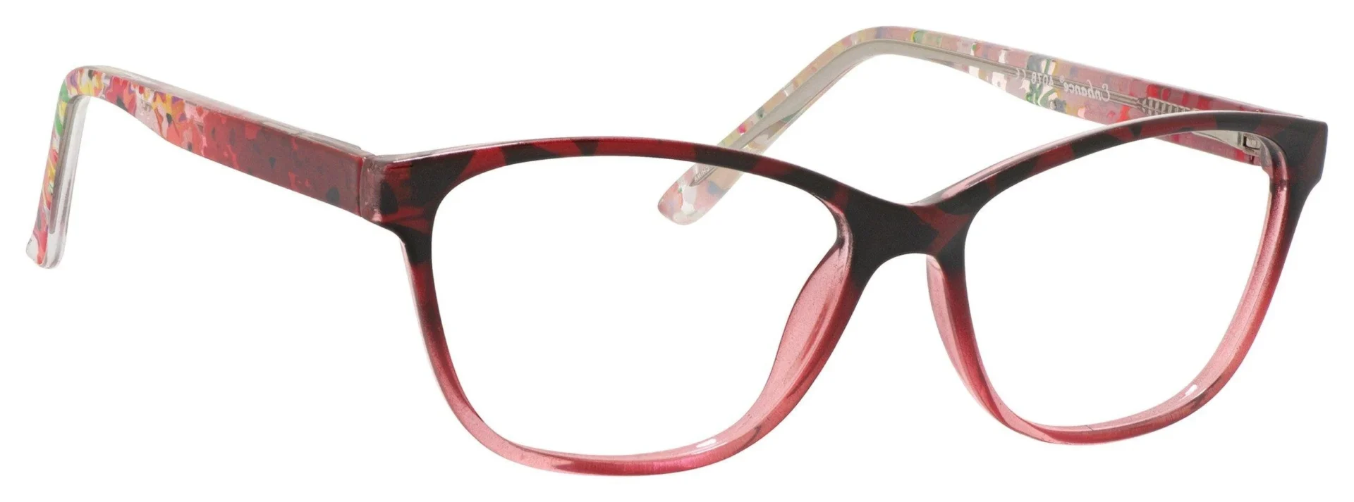 A pair of glasses is shown with pink frames.