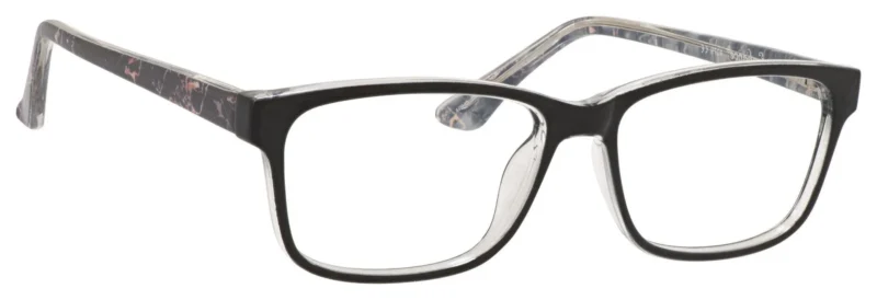 A pair of glasses is shown with the same color as the rim.