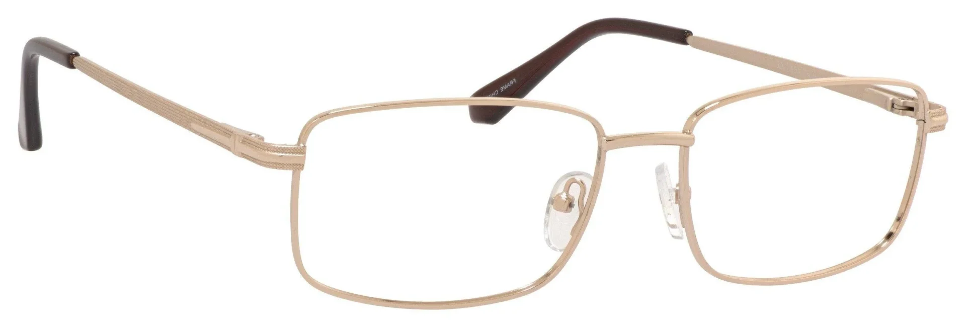 A pair of glasses is shown with brown frames.