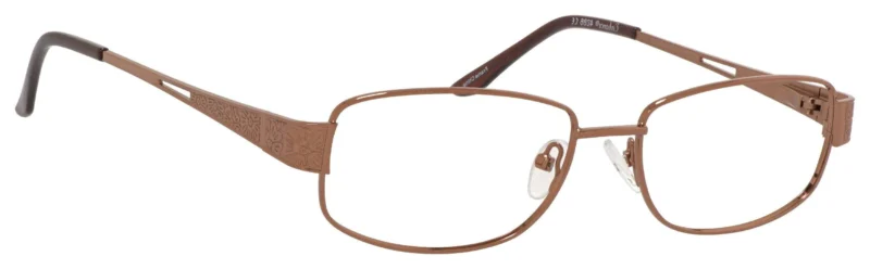 A pair of glasses is shown with brown frames.