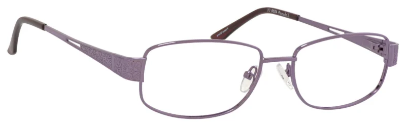 A pair of glasses with purple frames and brown temples.