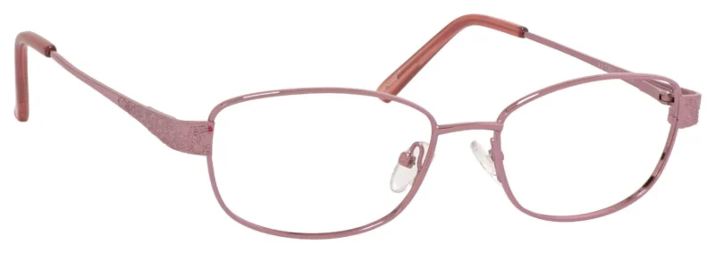 A pair of pink glasses with clear lenses.