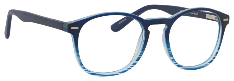 A pair of glasses is shown with blue stripes.