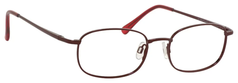 A pair of glasses is shown with red frames.