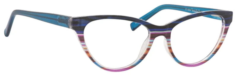 A pair of glasses with blue and purple stripes on them.