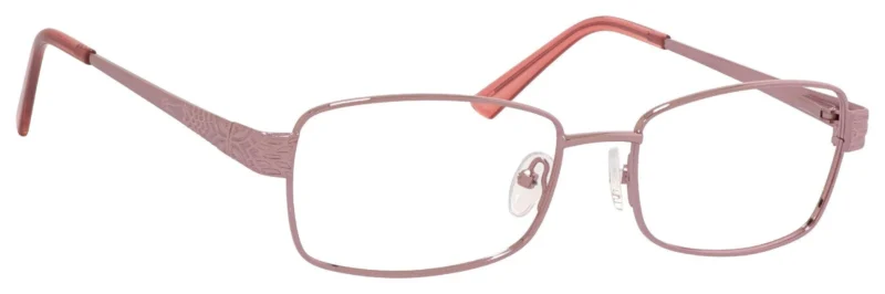 A pair of glasses is shown with pink frames.