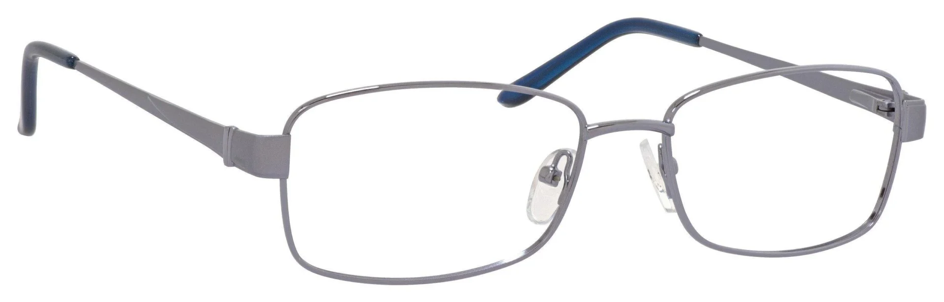 A pair of glasses is shown with blue frames.