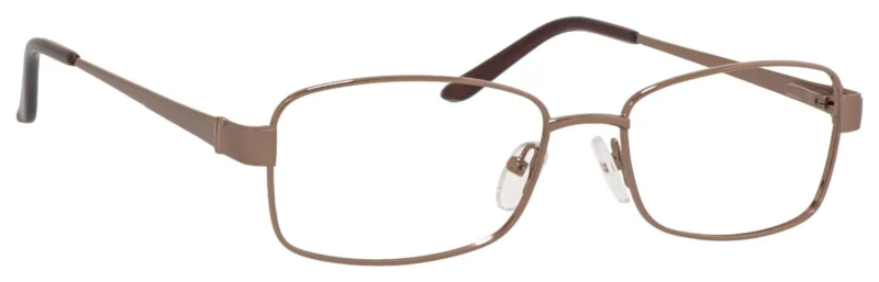 A pair of glasses is shown with brown frames.