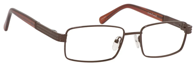 A pair of glasses with brown frames and red tips.