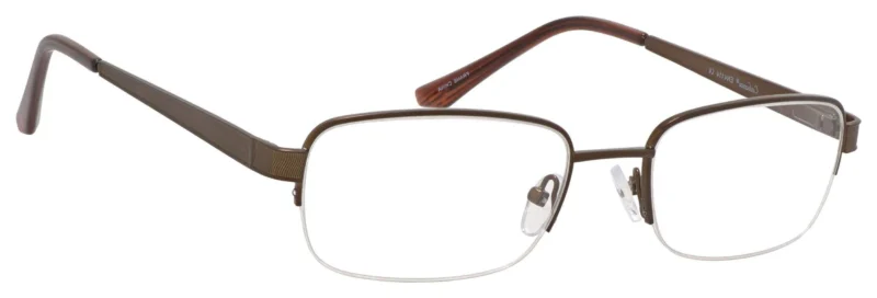 A pair of glasses with brown frames and clear lenses.