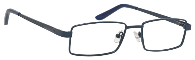 A pair of glasses with blue frames and black rims.