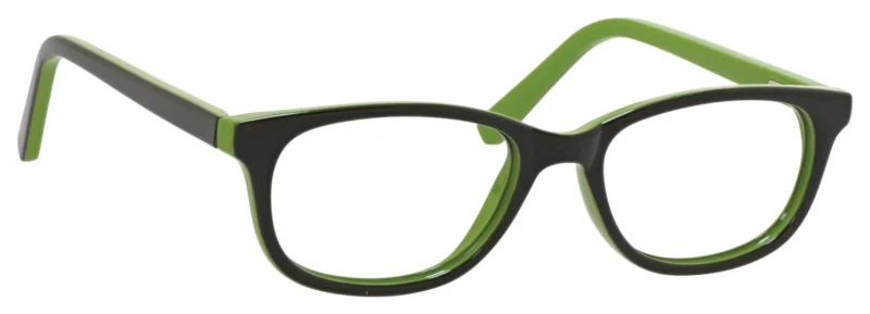 A pair of glasses with green frames on top.