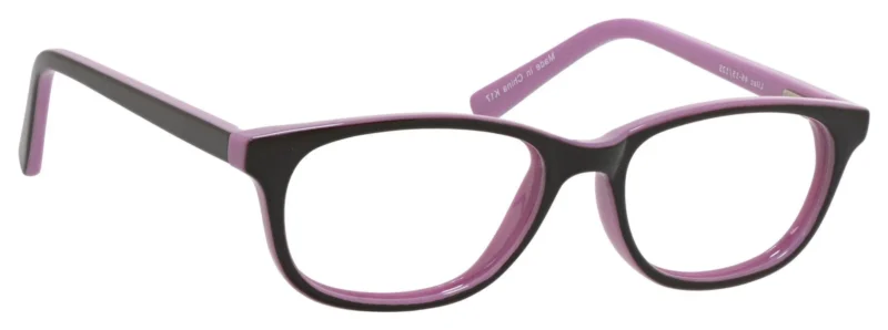 A pair of glasses is shown with purple frames.