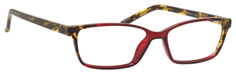 A pair of red glasses with yellow accents.