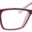 A pair of glasses is shown with pink frames.