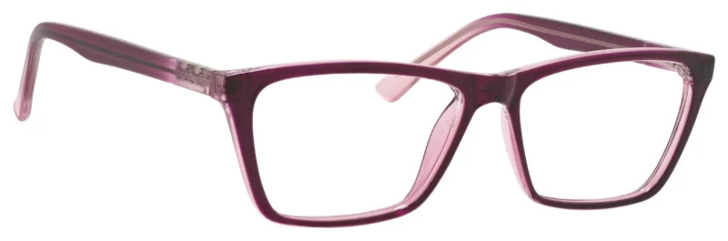 A pair of glasses is shown with pink frames.