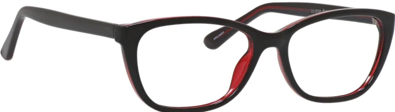 A pair of glasses is shown with red trim.